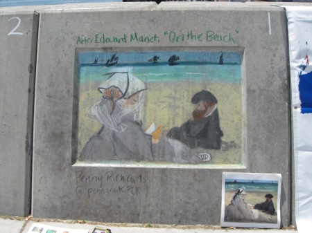 Chalk copy of Edouard Manet, "On the Beach," drawn on a wall.